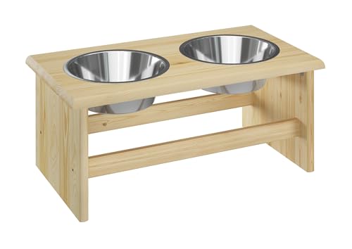 Erst-Holz® Futterstation für Hunde und Katzen mit Zwei Edelstahlschüsseln in DREI Größen S, M, L V-30.33, Größe: L von Erst-Holz