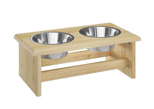 Erst-Holz® Futterstation für Hunde und Katzen mit Zwei Edelstahlschüsseln in DREI Größen S, M, L V-30.33, Größe: M von Erst-Holz