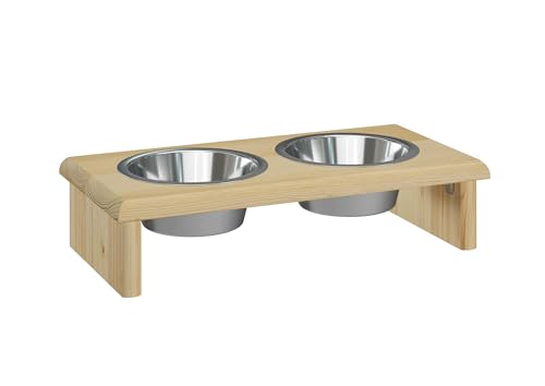 Erst-Holz® Futterstation für Hunde und Katzen mit Zwei Edelstahlschüsseln in DREI Größen S, M, L V-30.33, Größe: S von Erst-Holz