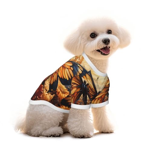 Haustier-T-Shirt für Hunde und Katzen, Motiv Schmetterlinge und Blumen, bequeme Weste, für kleine und mittelgroße Sommer-Winterkleidung, Orange / Gelb von Erwqavc