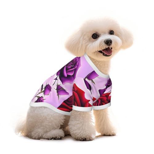 Haustier-T-Shirt für Hunde und Katzen, Motiv rote und violette Rosen, reine Baumwolle, für kleine und mittelgroße Sommer-Winterkleidung von Erwqavc