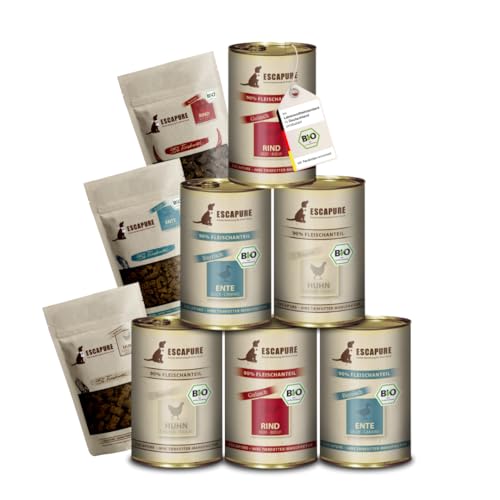 ESCAPURE Bio Liebhaber Testpaket – 100% Bio-Zutaten, Monoprotein, getreidefrei – Hundefutter & Snacks im Mix – Ideal zum Kennenlernen & Probieren (2X Snack & 6x400g Nassfutter) von Escapure