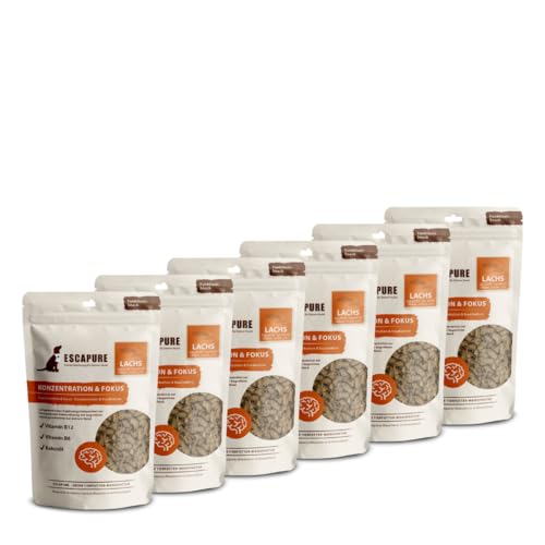 ESCAPURE Konzentration & Fokus - Natürlicher Lachsfilet Snack mit Kokosöl & Vitamin B für Hunde – Premium Protein Leckerli zur Stärkung des Nervensystems - ideal für mehr Aufmerksamkeit (6x150g) von Escapure
