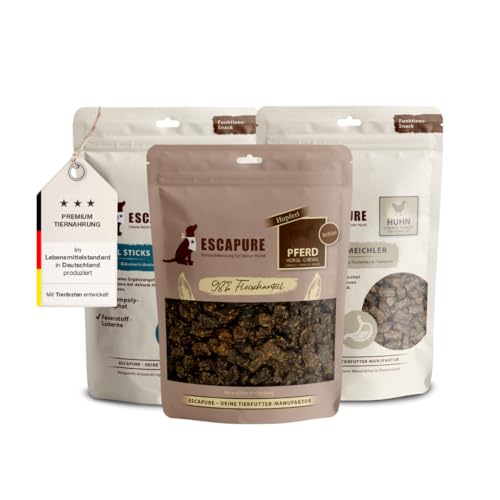 ESCAPURE Maul & Magen Balance – Dental- & Magenpflege-Set für Hunde – 3 Snacks bei Maulgeruch & sensibler Verdauung – Getreidefrei, mit Kamille & Luzerne (3x150g) von Escapure