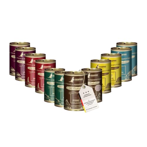 ESCAPURE Nassfutter Testpaket – Vollwertige Hundenahrung mit Monoprotein – Getreidefrei, ohne Zusatzstoffe – Ideal zum Probieren & für Sensible Hunde (12x400g) von Escapure