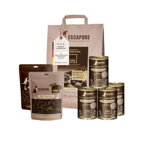 ESCAPURE Testpaket Pferd – Monoprotein für Hunde – Trockenfutter, Nassfutter & Snacks – Getreidefrei & ohne Zusatzstoffe – Ideal für Sensible Hunde (7-teilig) von Escapure