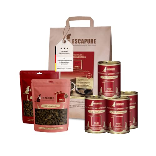 ESCAPURE Testpaket Rind – Monoprotein für Hunde – Trockenfutter, Nassfutter & Snacks – Getreidefrei & ohne Zusatzstoffe – Für ausgewachsene Hunde & Feinschmecker (7-teilig) von Escapure