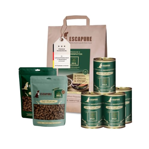 ESCAPURE Testpaket Wild – Monoprotein für Hunde – Trockenfutter, Nassfutter & Snacks – Getreidefrei & ohne Zusatzstoffe – Für ernährungssensible Hunde (7-teilig) von Escapure