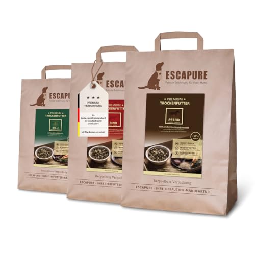 ESCAPURE Trockenfutter Testpaket – Gebackenes Premiumfutter mit 98% Fleisch – Monoprotein, getreidefrei, ohne Zusatzstoffe – Für alle Altersklassen (3x1,5kg) von Escapure