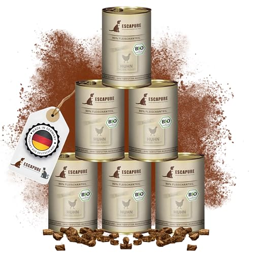 Escapure Hunde Bio Nassfutter Dose | Bio Huhn Dose 6 x 400g | Bio Huhn Ragout Dosen in Premium Qualität | mit Bio Karotten und Bio Süßkartoffeln | frei von Getreide sowie Zusatzstoffen | DE-ÖKO-007 | von Escapure