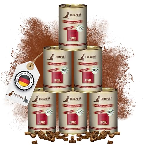 Escapure Bio Rinder Gulasch Dose 6 x 400g - Bio Nassfutter für Hunde - 90% pures Rindfleisch Nassfutter - Premium Dosenfutter Beef ohne Zusatzstoffe - Hunde Ergänzungsfuttermittel frei von Getreide Escapure Bio Rinder Gulasch Dose 6 x 400g - Bio Nassfutter für Hunde - 90% pures Rindfleisch Nassfutter - Premium Dosenfutter Beef ohne Zusatzstoffe - Hunde Ergänzungsfuttermittel frei von Getreide von Escapure