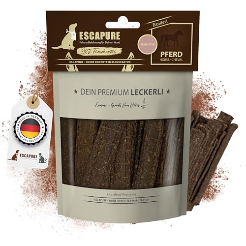 Escapure Hunde Leckerli Beutel | Pferd Banderl 150g | Pferd Banderl in Premium Qualität | 98% Muskelfleisch | ohne künstliche Zusatzstoffe und frei von Getreide von Escapure