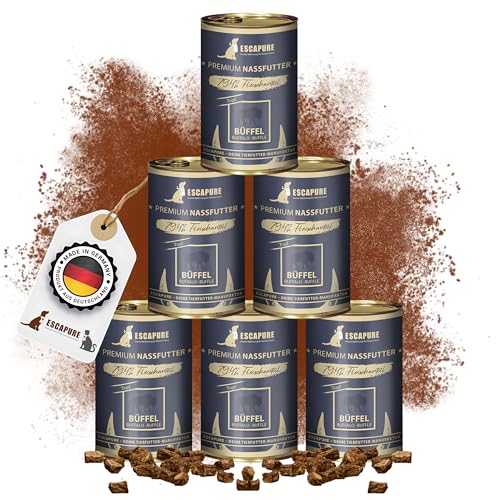 Escapure Hunde Nassfutter Dose | Büffel Dose 6 x 400g | Büffel Topf Dosen in Premium Qualität | mit 79,4% Fleischanteil | mit Kartoffel, Karotten, Hüttenkäse und Flohsamenschale von Escapure