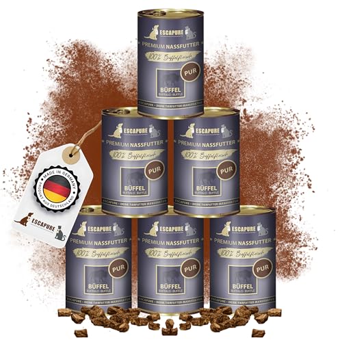 Escapure Büffel Pur Dose 6 x 400g - Nassfutter für Hunde - 100% pures Büffelfleisch Nassfutter - Premium Dosenfutter Büffel ohne Zusatzstoffe - Hunde Ergänzungsfuttermittel frei von Getreide von Escapure