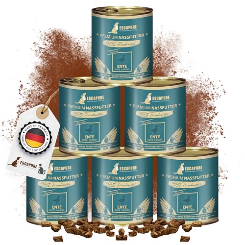 Escapure Nassfutter Ente Menü 6 x 800g Dose - 91,9% Entenfleisch Hundefutter - Dosenfutter Duck ohne Zusatzstoffe - Alleinfuttermittel für ausgewachsene Hunde frei von Getreide von Escapure