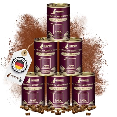 Escapure Hunde Nassfutter Dose | Lamm Dose 6 x 400g | Lamm Gröstl Dosen in Premium Qualität | mit 65% Fleischanteil | mit Apfel, Hüttenkäse, Eierschalenpulver und Bierhefe von Escapure