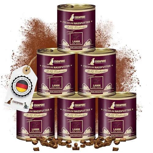 Escapure Hunde Nassfutter Dose | Lamm Dose 6 x 800g | Lamm Gröstl Dosen in Premium Qualität | mit 65% Fleischanteil | mit Apfel, Hüttenkäse, Eierschalenpulver und Bierhefe von Escapure