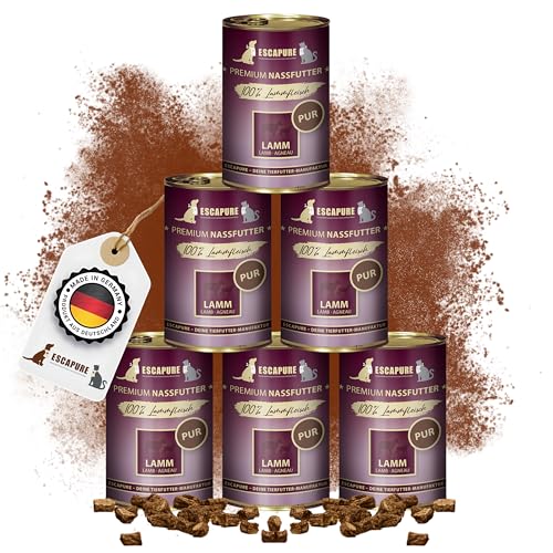 Escapure Hunde Nassfutter Dose | Lamm Pur Dose 6 x 400g | Lamm Pur Dosen in Premium Qualität | 100% Fleischanteil | Ergänzungsfuttermittel | ohne Zusatzstoffe und frei von Getreide von Escapure