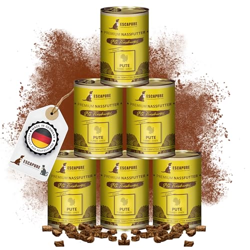 Escapure Hunde Nassfutter Dose | Pute Dose 6 x 400g | Puten Pfandl Dosen in Premium Qualität | mit 65% Fleischanteil | mit Karotte, Kartoffel, Eierschalenpulver und Bierhefe von Escapure