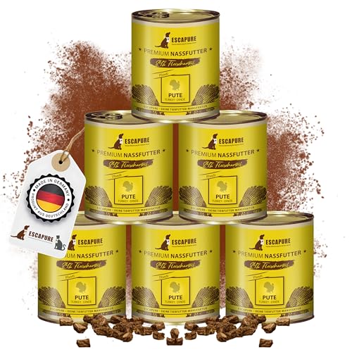 Escapure Hunde Nassfutter Dose | Pute Dose 6 x 800g | Puten Pfandl Dosen in Premium Qualität | mit 65% Fleischanteil | mit Karotte, Kartoffel, Eierschalenpulver und Bierhefe von Escapure