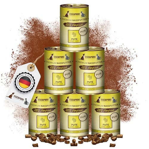 Escapure Hunde Nassfutter Dose | Pute Pur Dose 6 x 400g | Pute Pur Dosen in Premium Qualität | 100% Fleischanteil | Ergänzungsfuttermittel | ohne Zusatzstoffe und frei von Getreide von Escapure