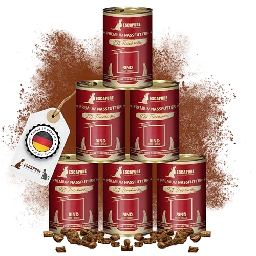 Escapure Hunde Nassfutter Dose | Rind Dose 6 x 400g | Rindrt Gulasch Dosen in Premium Qualität | mit 65% Fleischanteil | mit Karotte, Kartoffel, Eierschalenpulver und Bierhefe von Escapure