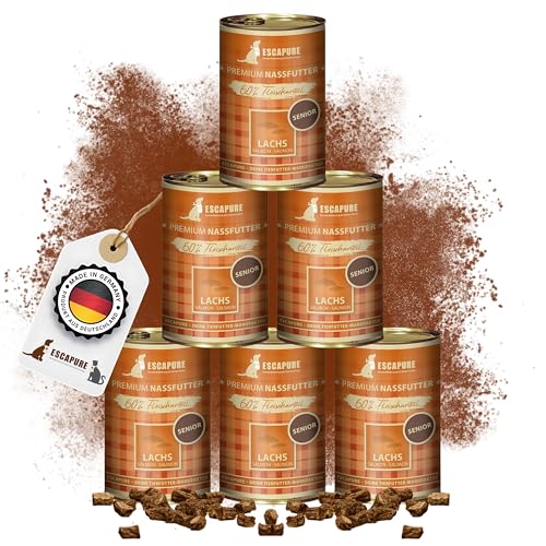 Escapure Hunde Nassfutter Dose | Senior Lachs Dose 6 x 400g | Senior Lachs Menü Dosen in Premium Qualität | Karotten, Kürbis, Zucchini, Apfel und Löwenzahn | 6 x 400g von Escapure