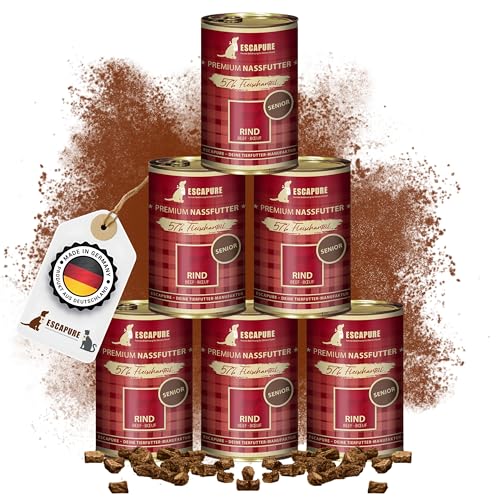Escapure Senior Nassfutter Rind 6 x 400g Dose - 57% pures Rindfleisch Hundefutter - Dosenfutter Rindermenü ohne Zusatzstoffe - Ergänzungsfuttermittel für ältere Hunde frei von Getreide von Escapure