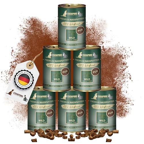 Escapure Hunde Nassfutter Dose | Welpen Wild & Hähnchen Dose 6 x 400g | Welpen Menü Wild & Hähnchen Dosen in Premium Qualität | mit Kartotten, Zucchini, Apfel, Banane und Eierschalenpulver | 6X 400g von Escapure