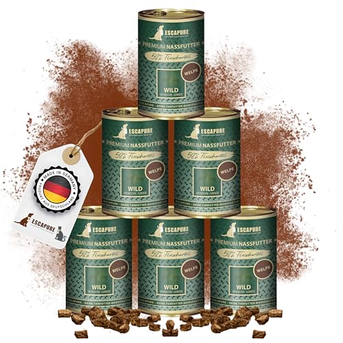 Escapure Hunde Nassfutter Dose | Wild Dose 6 x 400g | Wild Topferl Dosen in Premium Qualität | mit 65% Fleischanteil | mit Karotte, Kartoffel, Eierschalenpulver und Bierhefe von Escapure