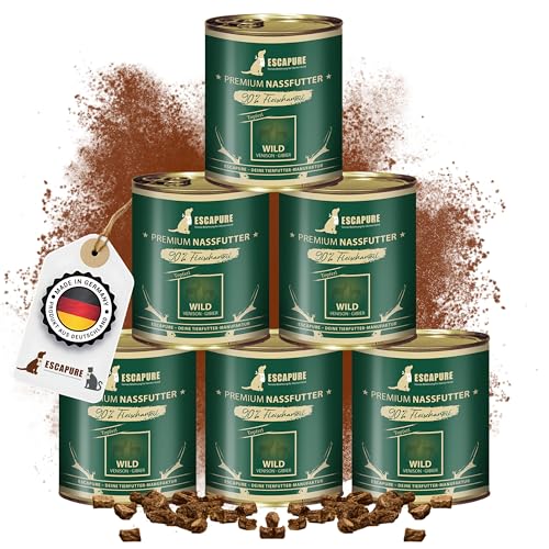 Escapure Hunde Nassfutter Dose | Wild Dose 6 x 800g | Wild Topferl Dosen in Premium Qualität | mit 65% Fleischanteil | mit Karotte, Kartoffel, Eierschalenpulver und Bierhefe von Escapure