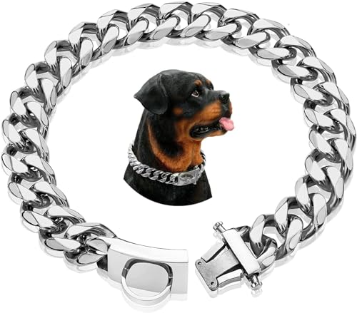 Esenlong Hunde-Kettenhalsbänder, Silberne Hundekette, 15 mm breit, kubanische Gliederkette, Halsband mit Metallschnalle, D-Ring, Welpenkostüm Esenlong Hunde-Kettenhalsbänder, Silberne Hundekette, 15 mm breit, kubanische Gliederkette, Halsband mit Metallschnalle, D-Ring, Welpenkostüm von Esenlong