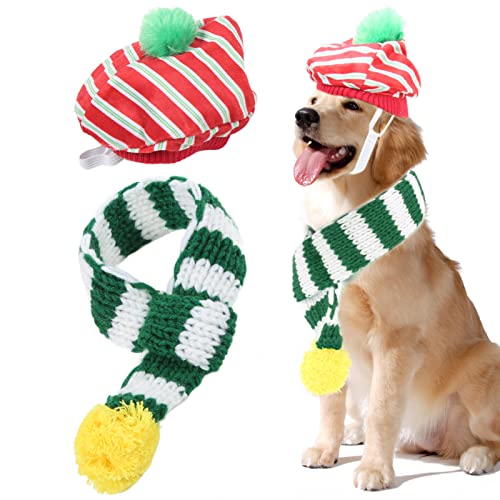 Hunde-Mützen-Schal-Set, Hunde-Weihnachtsmützen-Set für Haustiere, Katzen, Hunde, kleine, mittelgroße und große Hunde (L-Weiß + grün) von Esenlong