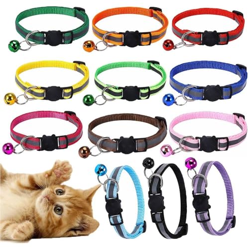 Esforzarse 12 Stück Reflektierende Katzenhalsbänder mit Glöckchen, mit Sicherheitsverschluss, 20–32,5 cm Verstellbar Kitten Halsband,Personalisiert Haustierzubehör(12 Farben) von Esforzarse