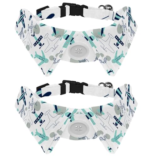 Eslifey Hundehalsband mit Fliege und Glöckchen, Blau / Grau, verschiedene Flugzeuge, verstellbares Revers-Design, Katzenfliege, Halsband für kleine Haustiere, 2 Stück von Eslifey