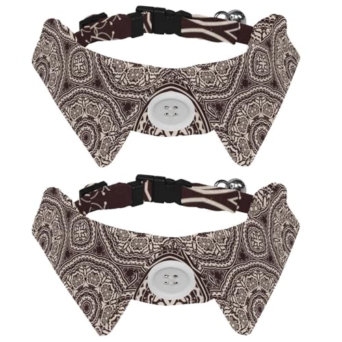 Eslifey Hundehalsband mit Fliege und Glöckchen, Mandala-braun, psychedelisches Henna, verstellbares Revers-Design, Katzenfliege, Halsband für kleine Haustiere, 2 Stück von Eslifey