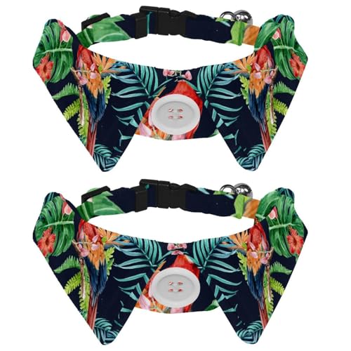 Eslifey Hundehalsband mit Fliege und Glöckchen, Papagei auf tropischen Blättern und Blumen, verstellbares Revers-Design, Katzenfliege, Halsband für kleine Haustiere, 2 Stück von Eslifey