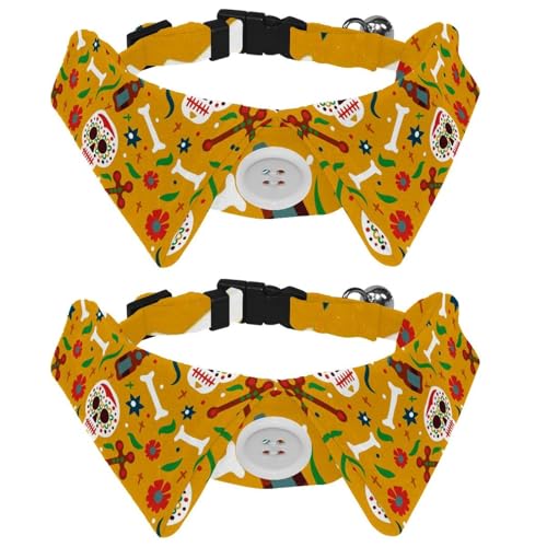 Eslifey Hundehalsband mit Fliege und Glöckchen, Totenkopf-Muster, gelb, verstellbares Revers-Design, Katzenfliege, Halsband für kleine Haustiere, 2 Stück von Eslifey