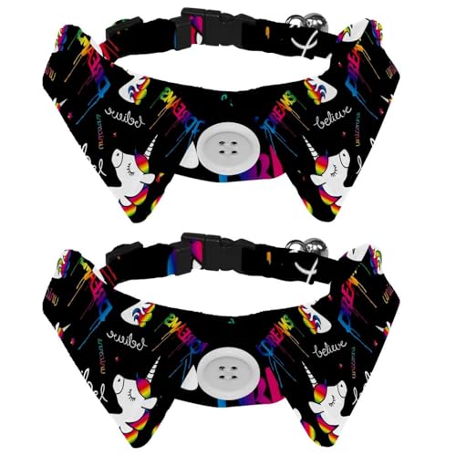 Eslifey Hundehalsband mit Fliege und Glöckchen, bunte Einhörner, Träume, magisches Muster, verstellbares Revers-Design, Katzenfliege, Halsband für kleine Haustiere, 2 Stück von Eslifey