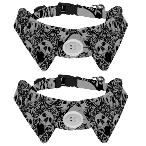 Eslifey Hundehalsband mit Fliege und Glöckchen, schwarz-weiß, Totenkopf-Rosenmuster, verstellbares Revers-Design, Katzen-Fliege, Halsband für kleine Haustiere, 2 Stück von Eslifey