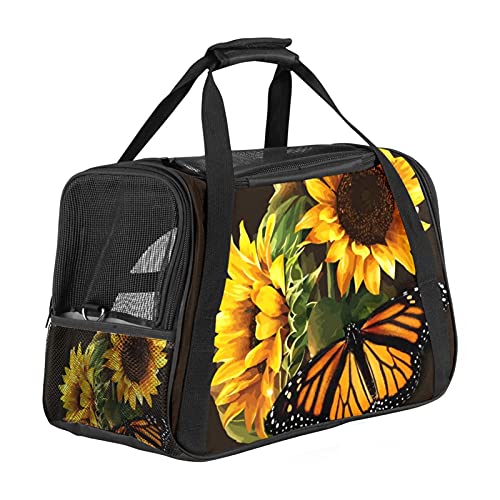 Haustier-Transporttasche mit Sonnenblumen- und Schmetterlingsmotiv, weich, für Katzen, Hunde, Welpen, bequem, faltbar, für Fluggesellschaften zugelassen von Eslifey