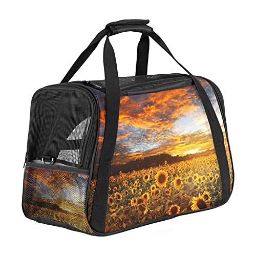 Haustier-Transporttasche mit Sonnenblumenfeld unter Sonnenuntergang, weiche Seiten, für Katzen, Hunde, Welpen, bequem, tragbar, faltbar, für Fluggesellschaften zugelassen von Eslifey