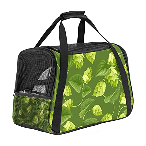 Haustier-Transporttasche mit grünem Hopfen- und Blätter-Muster, weiche Seiten, für Katzen, Hunde, Welpen, bequem, tragbar, faltbar, für Fluggesellschaften zugelassen von Eslifey