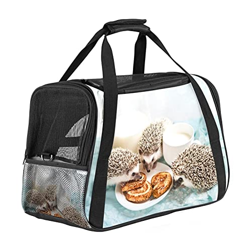Haustier-Transporttasche mit lustigen Igeln, die in der Nähe einer Tasse Milch essen, weiche Seiten, für Katzen, Hunde, Welpen, bequem, tragbar, faltbar, für Fluggesellschaften zugelassen von Eslifey