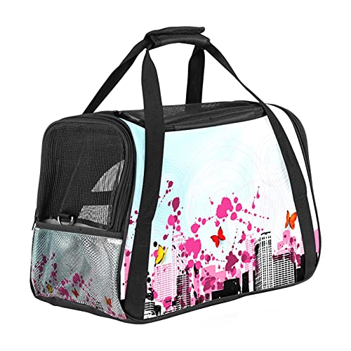 Haustier-Transporttasche mit romantischen Schmetterlingen, Stadtlandschaft, weiche Seiten, für Katzen, Hunde, Welpen, bequem, tragbar, faltbar, für Fluggesellschaften zugelassen von Eslifey
