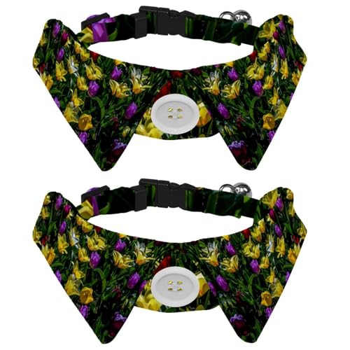 Hundehalsband mit Fliege und Glöckchen, bunte Blumen, lila, gelb, Tulpe, verstellbares Revers-Design, Katzenfliege, Halsband für kleine Haustiere, 2 Stück Hundehalsband mit Fliege und Glöckchen, bunte Blumen, lila, gelb, Tulpe, verstellbares Revers-Design, Katzenfliege, Halsband für kleine Haustiere, 2 Stück von Eslifey