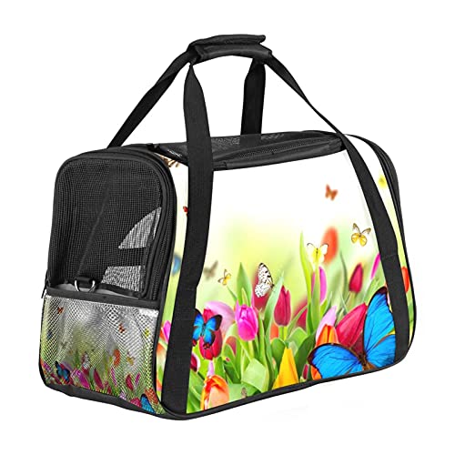 Transporttasche für Haustiere, Blumen mit Schmetterlingen, weiche Seiten, für Katzen, Hunde, Welpen, bequem, tragbar, faltbar, für Fluggesellschaften zugelassen von Eslifey