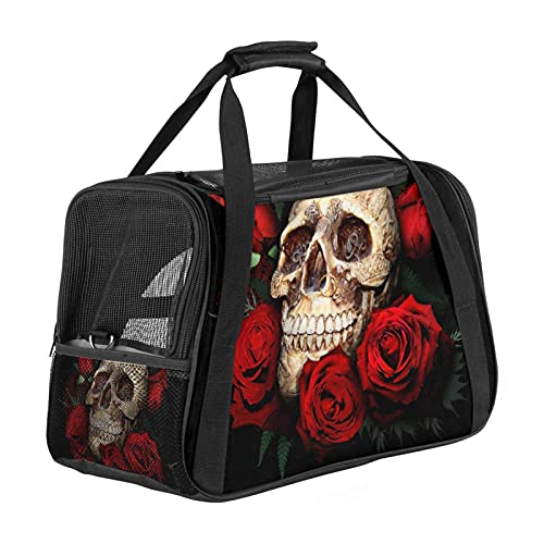 Transporttasche für Haustiere, mit Totenkopf-Motiv, rote Rosen, weich, für Katzen, Hunde, Welpen, bequem, tragbar, faltbar, für Fluggesellschaften zugelassen von Eslifey