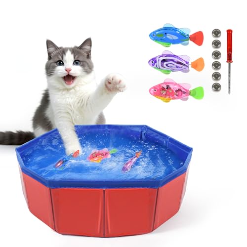 Esoes Katzen Pool mit 3 LED Robo Fish - Elektrische Schwimmende Fische mit Beleuchtung, Faltbarer Katzen Pool,Planschbecken für Katzen, Wasserspielzeug für Hauskatzen,lustiges Fischspielzeug von Esoes