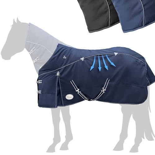 Esposita Airflow Outdoordecke Regendecke mit Fleece 200g Weidedecke Outdoordecke Übergangsdecke Champion Edition optimales Klima ohne Hitzestau 100% wasserdicht Pferdedecke 125cm Polarfleece Navy von Esposita